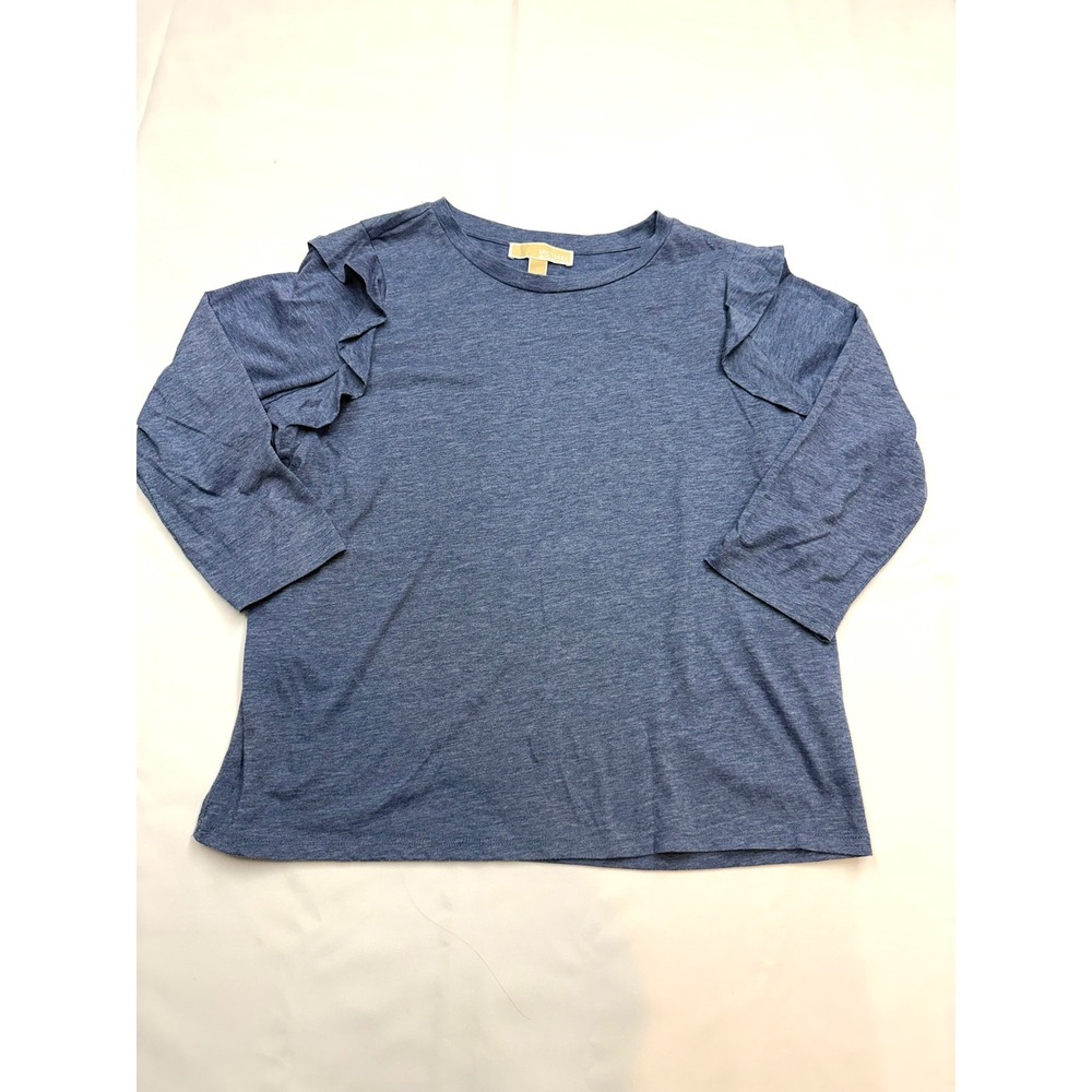 MICHAEL KORS Womens Large Blue Ruffled 3/4 Sleeve Casual Tshirt Top AA19
